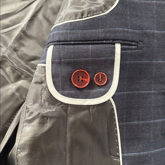 Men’s Dark Blue Plaid 3 Piece Formal Business Suit Jacket 34 Pants 32 NWT - Picture 14 of 16